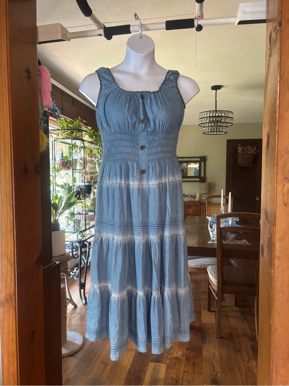 Vintage Sacred Threads Smocked Tiered Blue Midi Dress - Sleeveless Button Front